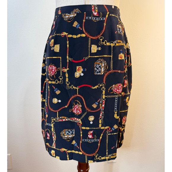 Petite Sophisticate Dresses & Skirts - Petite Sophisticate Silk Skirt Size 6 Navy Blue Gold Chain Print Vintage